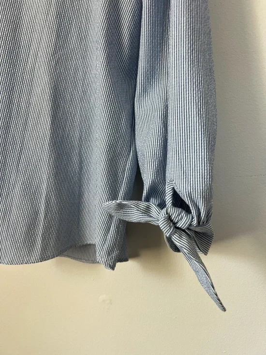 Calvin Klein Light Blue Striped Long-Sleeve Tie Cuff Top - Picture 2 of 5